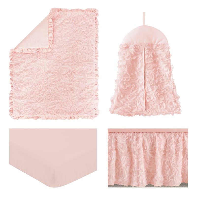 Pink Floral Rose Girl 4pc Nursery Crib Bedding Set - Light Blush Flower Luxurious Elegant Princess Vintage Boho Shabby Chic Glam