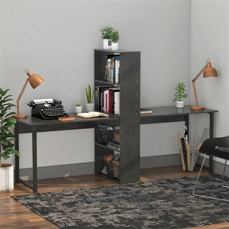 Long Computer Desk with Storage Shelves Combo, Double Workstation