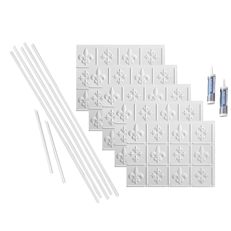 FASÄDE Fleur de Lis Decorative Vinyl Backsplash Panel - 15 Sq Ft Kit - Gloss White