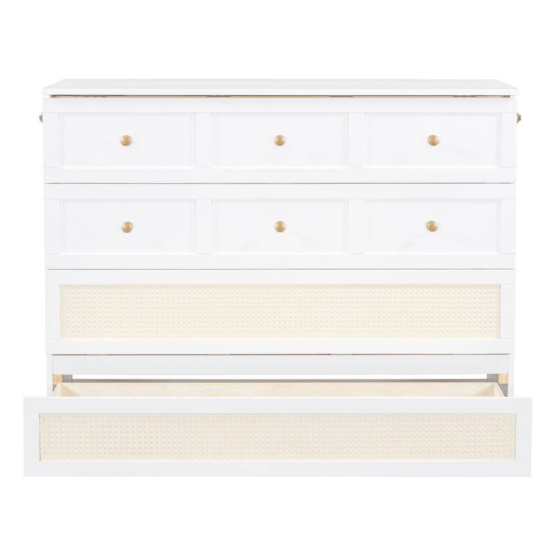 Full Size Murphy Bed Hidden Cabinet Bed with Drawer Underneath and Rattan Patterned, Clever Space Utilization Classic White