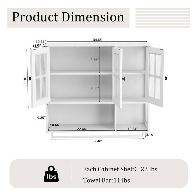 3-Door Wall Cabinet with Fluted Glass & Towel Bar, Modern Storage Solution