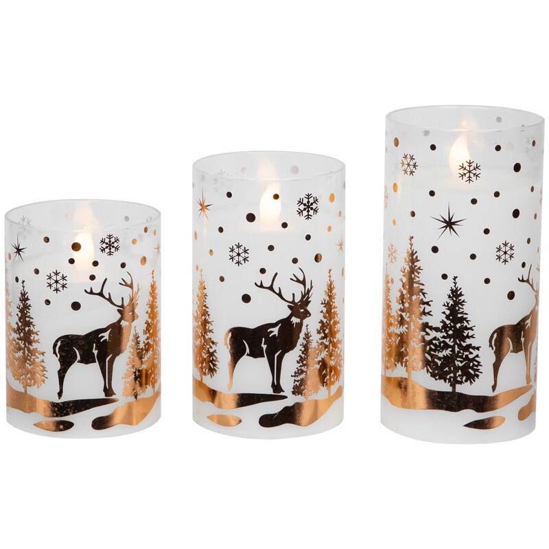 3 Woodland Flameless Flickering LED Christmas Glass Pillar Candles 6"