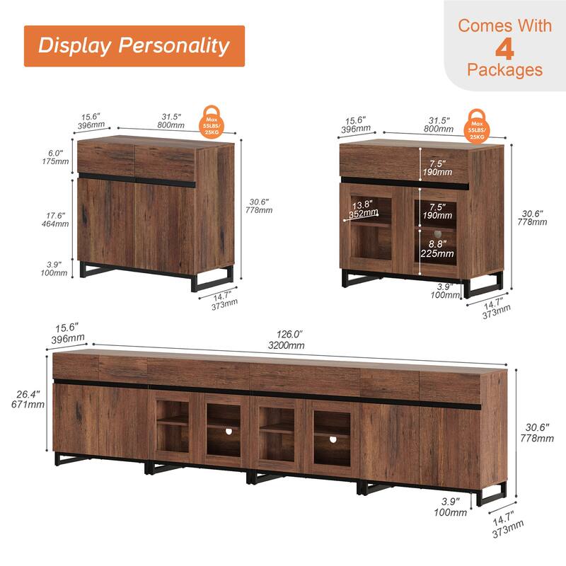 4 in 1 Dresser with 2 Drawers & Glass Doors, Adjustable Shelf, Modern Storage Cabinet and Closet Organizer for Bedroom