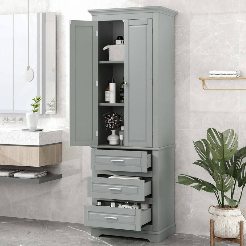 Bathroom Tall Storage Cabinet with Three Drawers - Grey