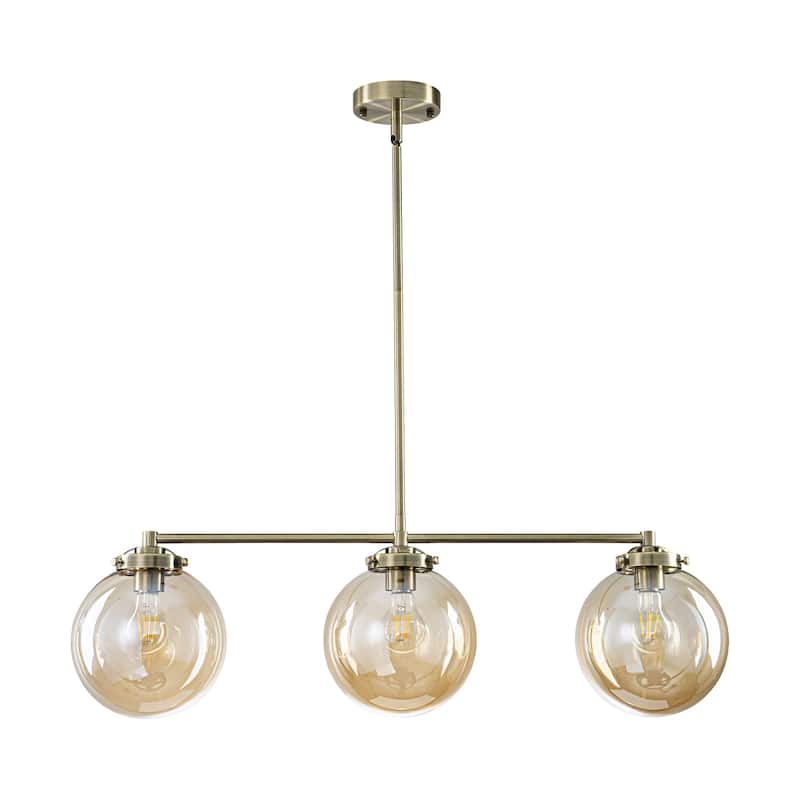3-Light 33.46" Modern Gold & Antique Bronze Amber Glass Globe Linear Pendant - 33.46" W × 10.24" H × 7.87" D