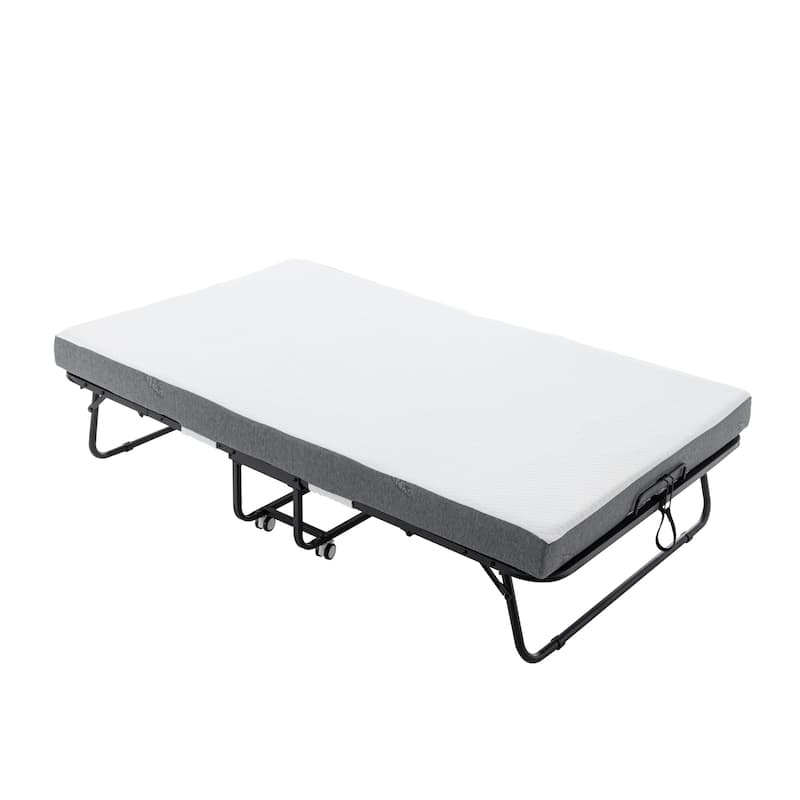 Twin XL Size Metal Frame Foldable Bed with Memory Foam Mattress and Wheels (350lb Capacity)