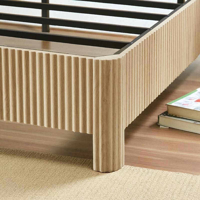 Queen Size Wooden Bed Frame with Corrugated Curved Headboard, Heavy-Duty Metal Support, No Box Spring Needed