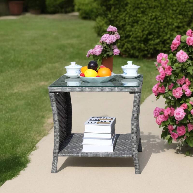 Anmytek Gray Rattan Side Table with Tempered Glass Top Indoor Outdoor Wicker Patio Table Double Tier Storage - 19.25*19.25