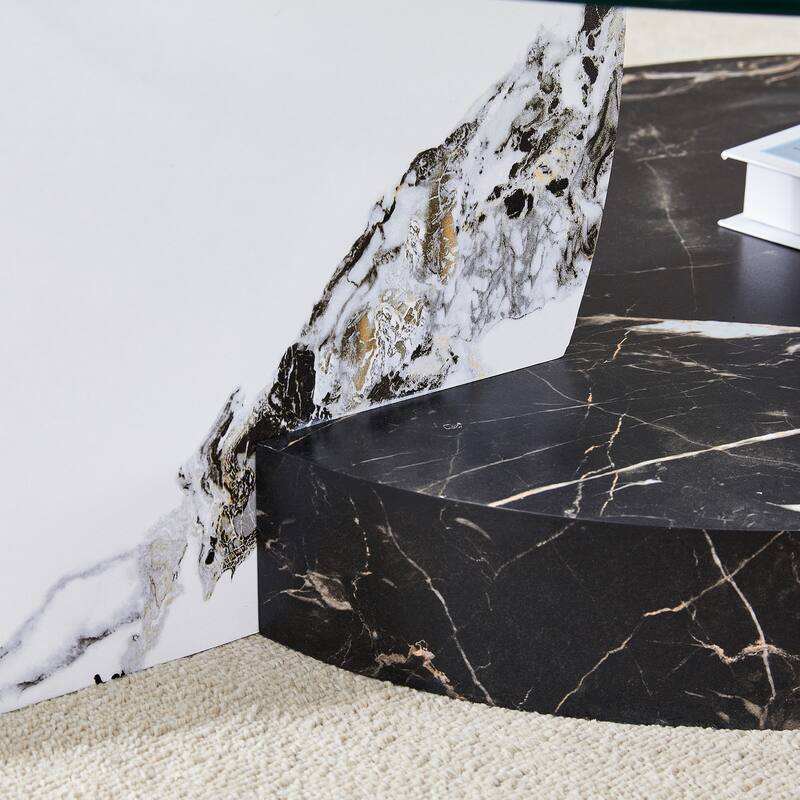 Roomfitters Double Layer Coffee Table with White Marble and Wood Grain Finish, Artistic Modern Design