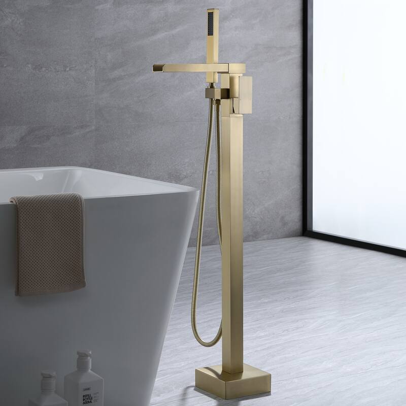 3-Way Waterfall Luxury Gold Floor-Mounted 36''H Freestanding Bathtub Faucet Set with Handheld Shower