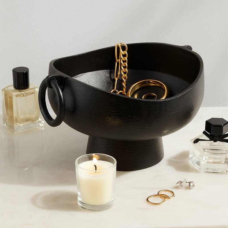 Sculptural Round Textured Decorative Bowl with Ring Handles - 9" Black - 16.0" - Black - 16.0"