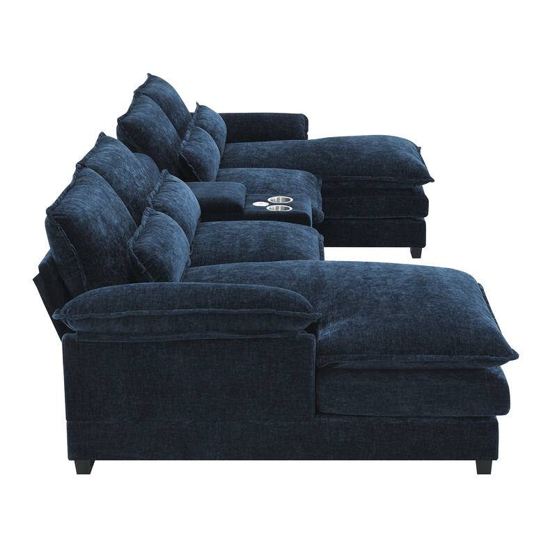 U-shaped Chenille Sectional Cloud Sofa w/Console, Cup Holders, USB