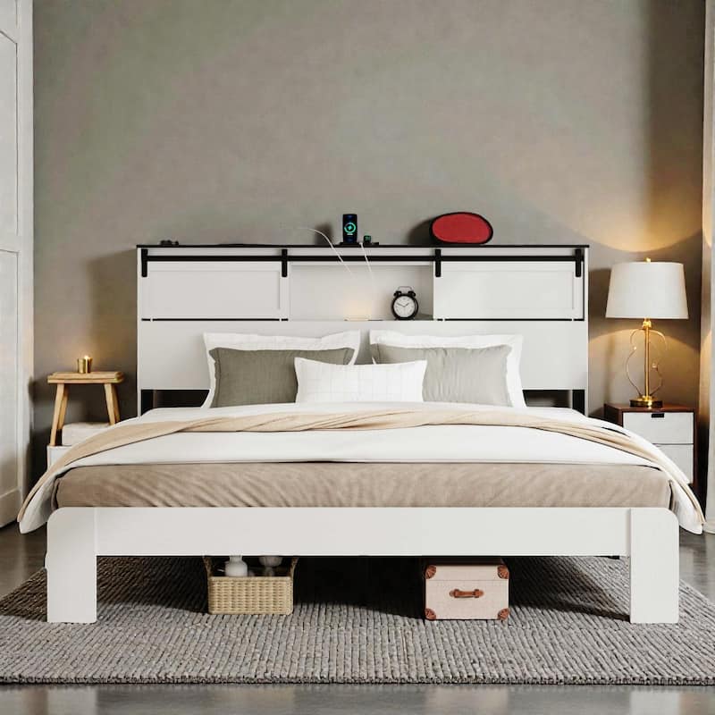 Metal Platform Bed Frame with USB Ports and Storage Headboard, Noise-Free Design, White Queen/King Bed Frame