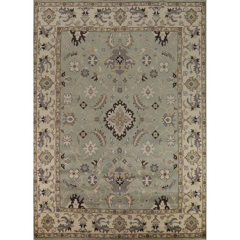 Green Floral Oushak Indian Area Rug Hand-Knotted Wool Carpet - 9'1"x 11'10"