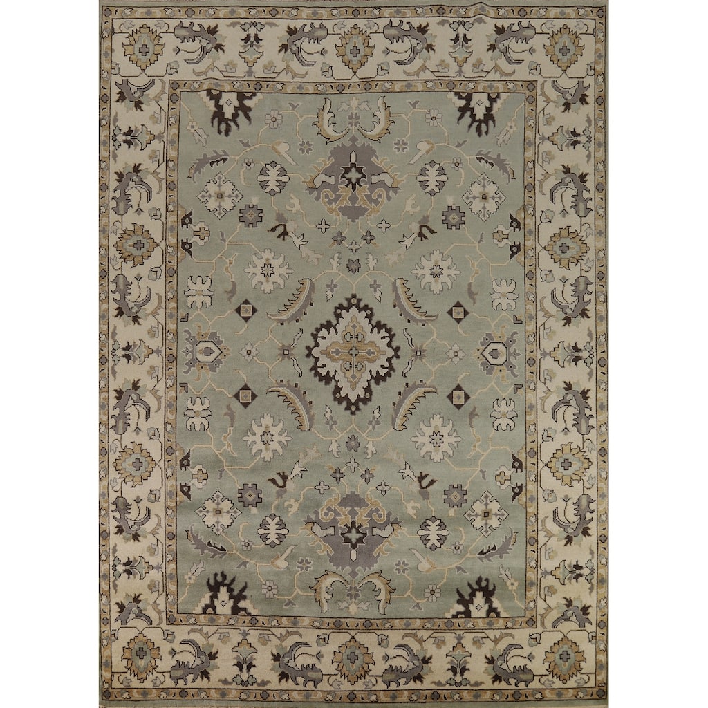 Green Floral Oushak Indian Area Rug Hand-Knotted Wool Carpet - 9'1"x 11'10"