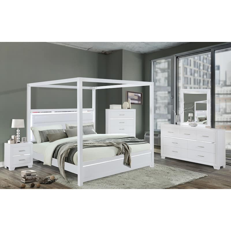 Glam Faux Leather Headboard Bedroom Set with LED Lighting - Queen - 5 Piece