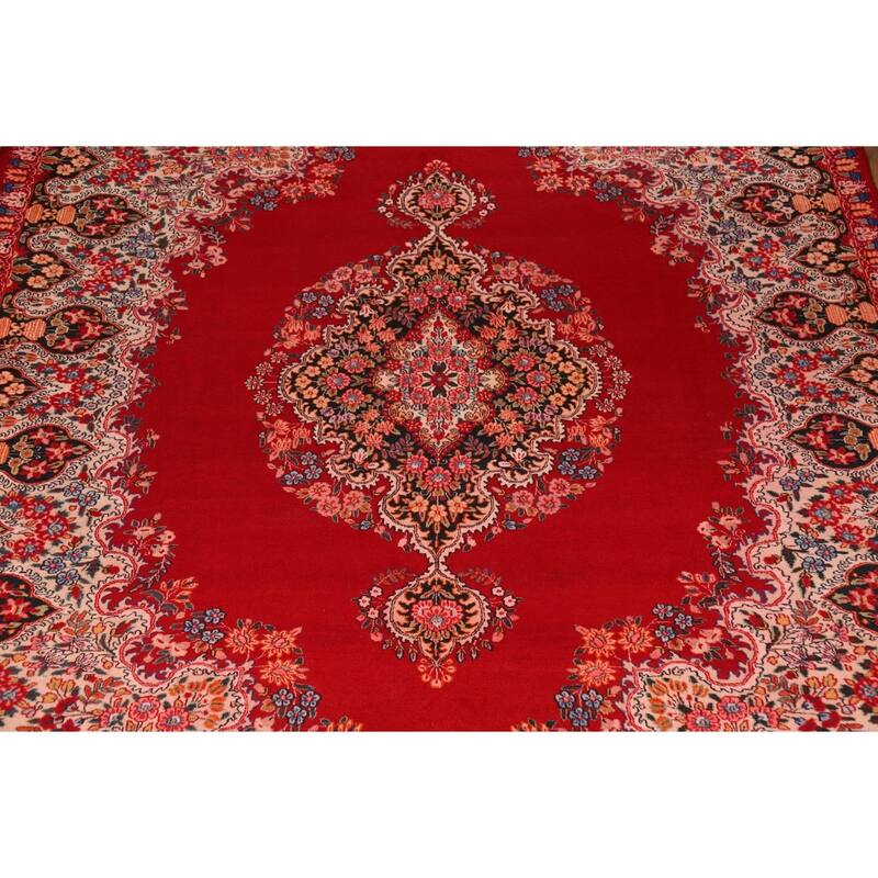Red Medallion Kerman Persian Vintage Area Rug Handmade Wool Carpet - 9'2"x 12'8"