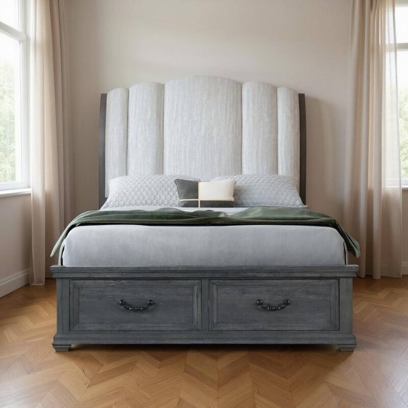 HomeRoots Gray Distressed Wood And Upholstery Queen Bed Frame With Drawers - Queen