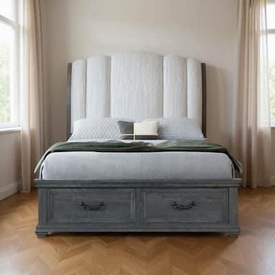 HomeRoots Gray Distressed Wood And Upholstery Queen Bed Frame With Drawers