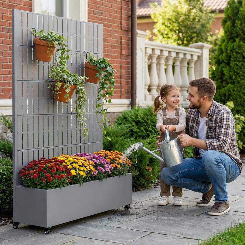 Raised Garden Bed Planter with Trellis Movable Planter Box with Lockable Wheels