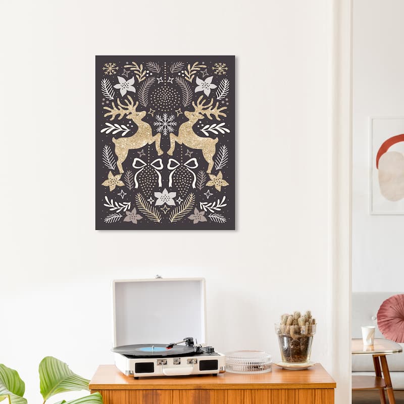 Wynwood Studio Canvas Holiday and Seasonal Folk Reindeers in Glitter Gold Glam Wall Art Canvas Print - 20 x 24