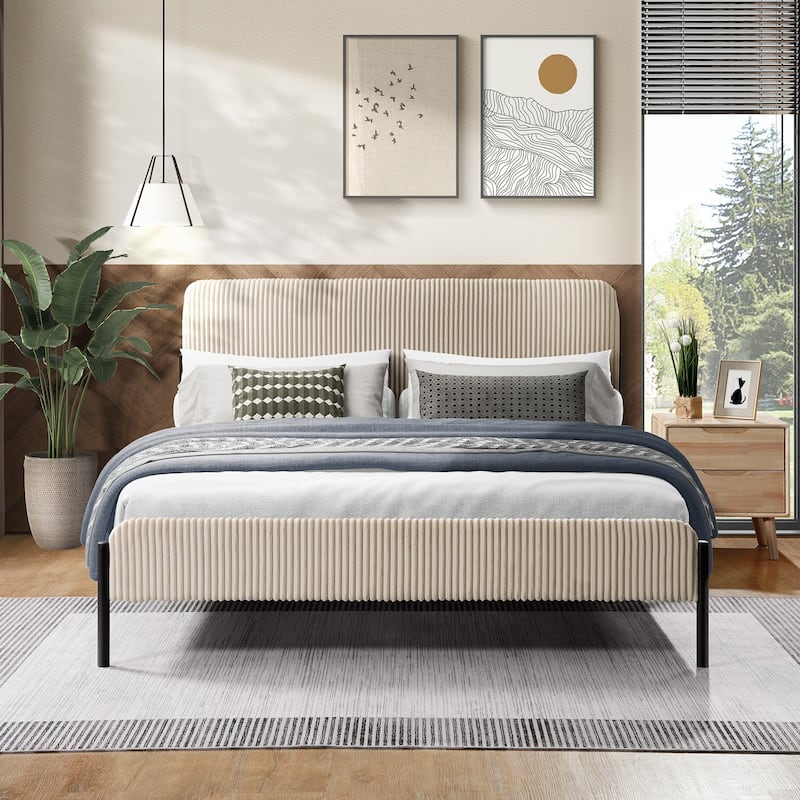 Corduroy Upholstered Bed Frame, Rounded Corners Design Queen Platform Bed, Slat Support - Cream - Queen