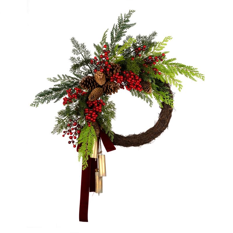 National Tree Company 2 ft. Artificial Christmas Joy Half Wreath with Red Berries and Chimes - 2 ft
