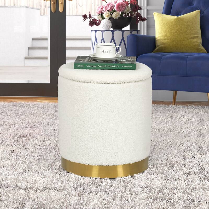 Adeco Velvet Round Storage Stool Gold Plating Base Storage Ottoman