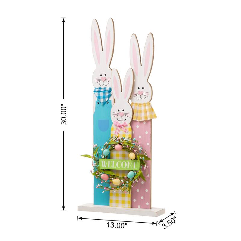 Glitzhome Easter Wooden Bunny Family Standing Decor Porch Sign with Wreath Welcome Wall Decor Party Supplies Props