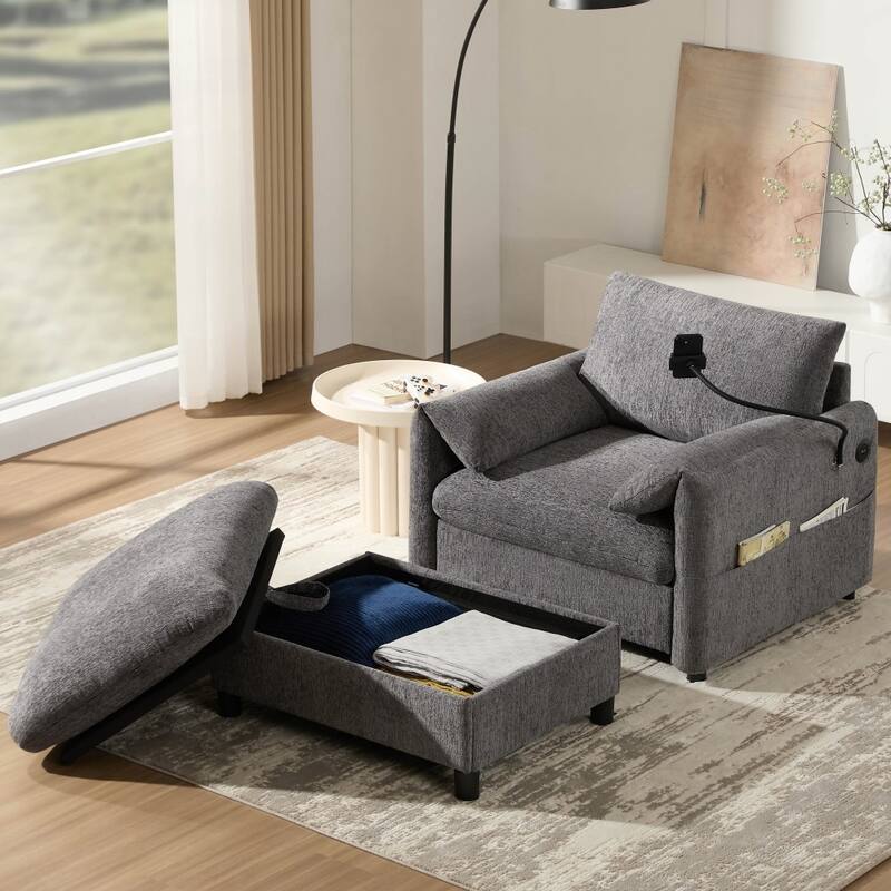 38" Chenille Single Sofa with Storage Ottoman, USB Charger, Side Storage Pockets, Pillow-like Armrests - Grey