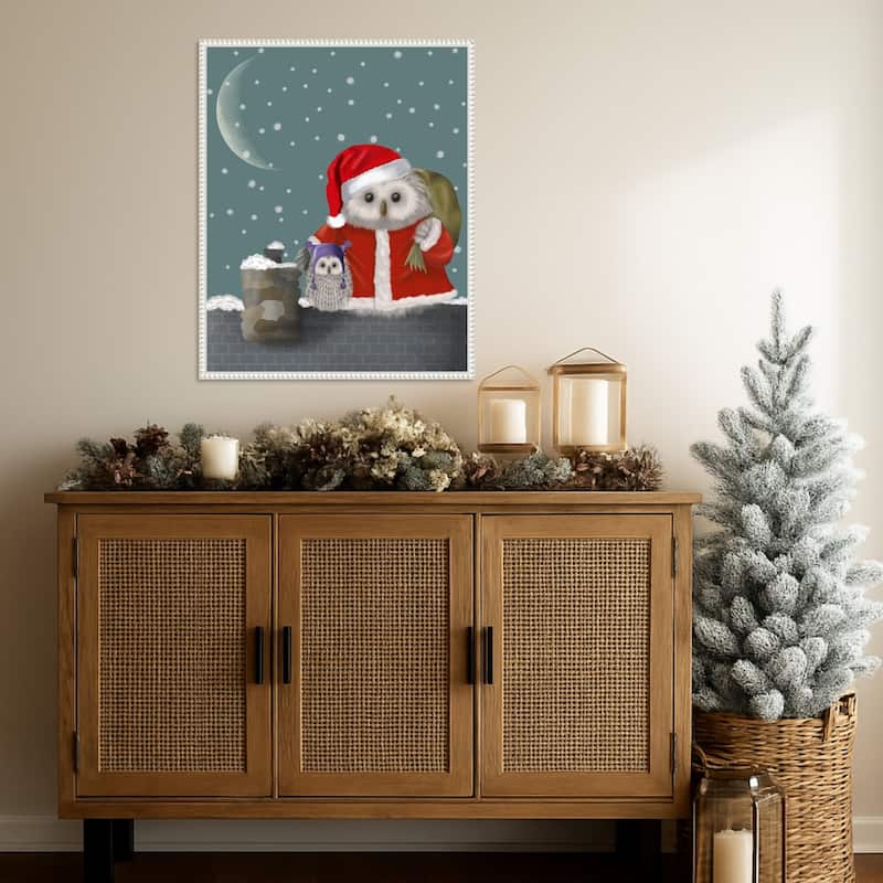 Christmas Santa Owl by Fab Funky (23 x 28 in.), Framed Canvas Wall Art Print - Sylvie Beaded White