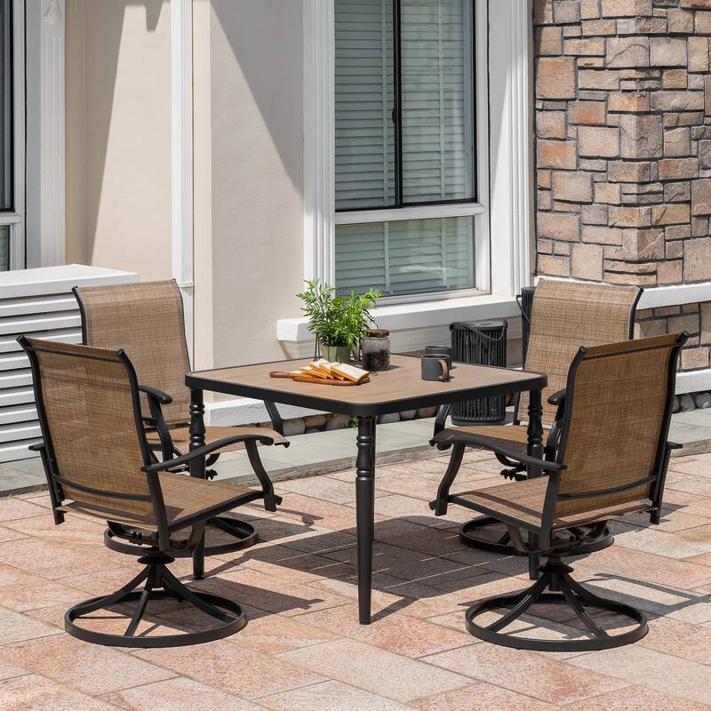 Patio Square Dining Table with Umbrella Hole, Wood-Grain Tabletop
