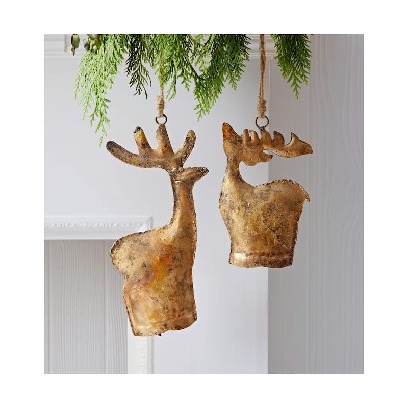 Large Antique Gold Reindeer Bell Tree Ornament Decorative Holiday Decor 10 in H x 4.5 in L x 1 in W