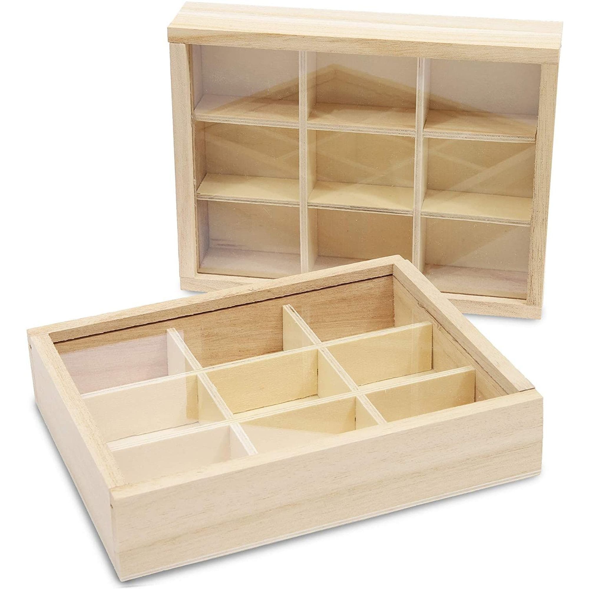 2 Pack Wooden Storage Tray Box With Lid, 9 Compartments Storage