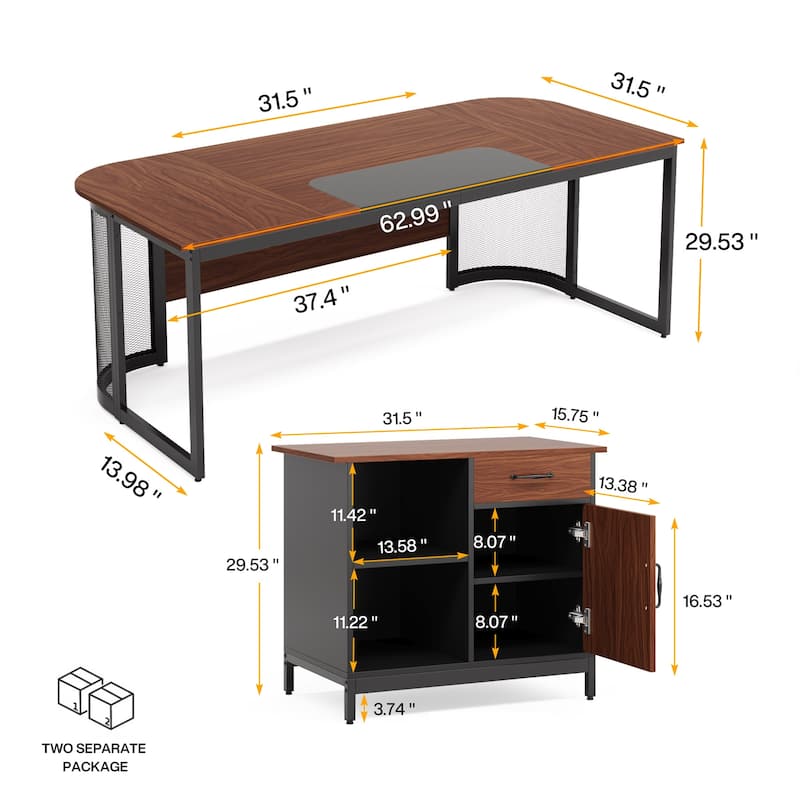 Large 63" L-Shaped Executive Office Desk with 31” File Cabinet