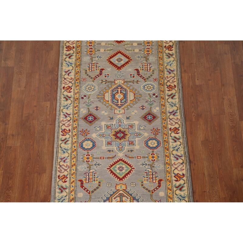 Geometric Kazak Runner Rug Handmade Grey Wool Carpet - 2'8" x 16'3"