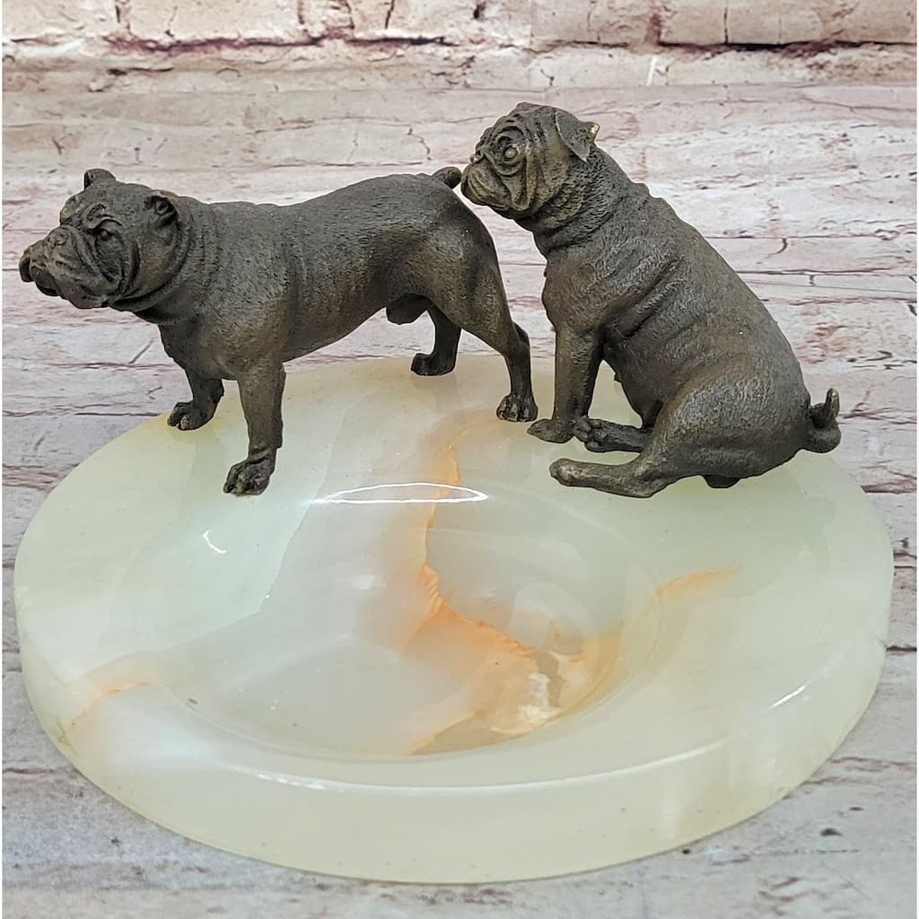 Bronze Imitative BullImitative dog Pug Imitative Dog Figurines On Marble - Soap Dish Ashtray Handmade Art