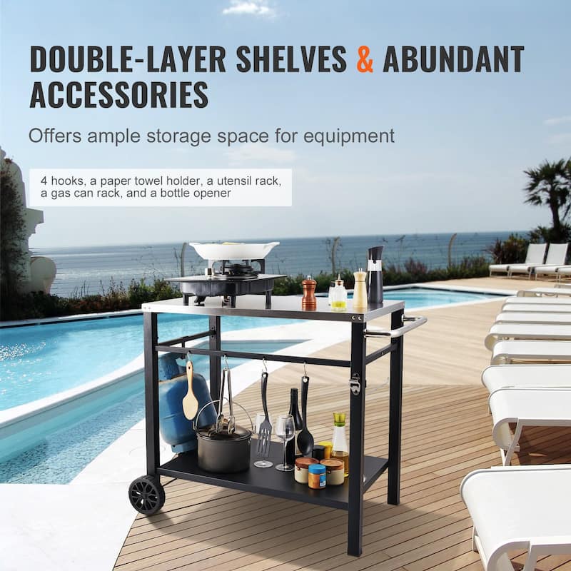 Multifunctional Stainless Steel Outdoor Grill Dining Cart with Double Shelf and Blow Molded Wheels - 39.37 x 25.19 x 32.87 inch