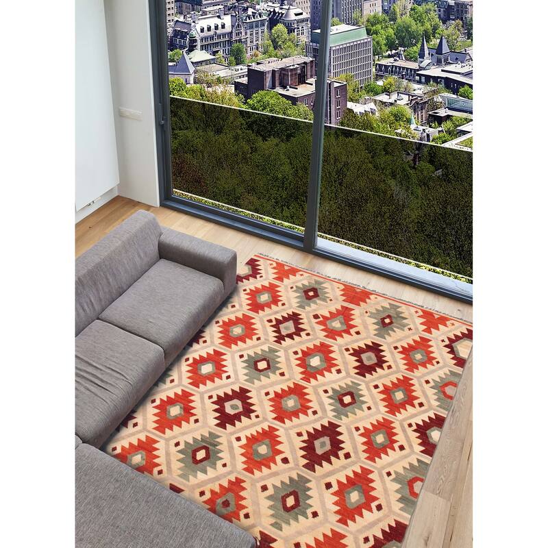 ECARPETGALLERY Flat-Weave Bold and Colorful Cream Wool Kilim - 5'11 x 8'0