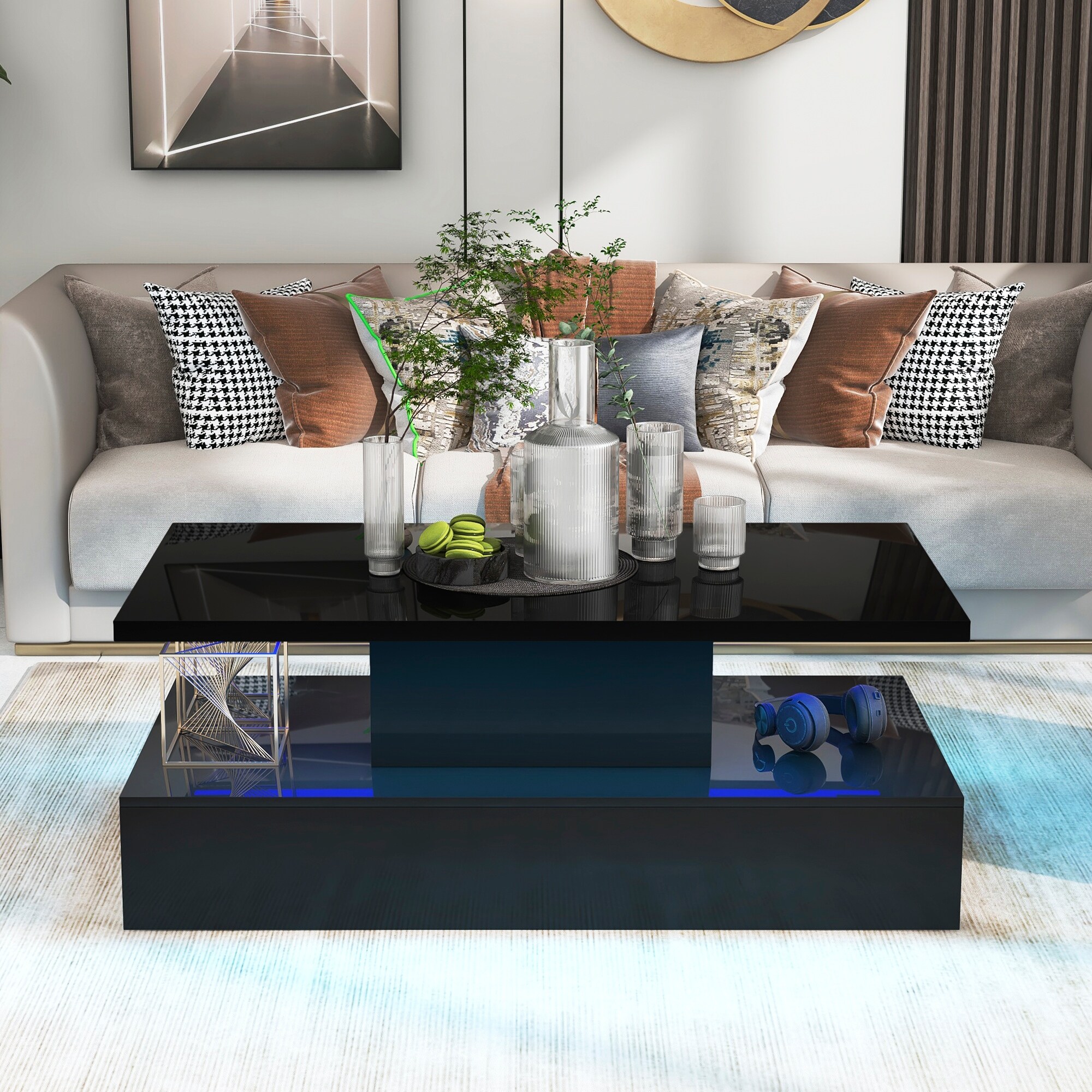 Black Coffee Table Cocktail Table with LED Light Remote Control On Sale Bed Bath Beyond 39751962
