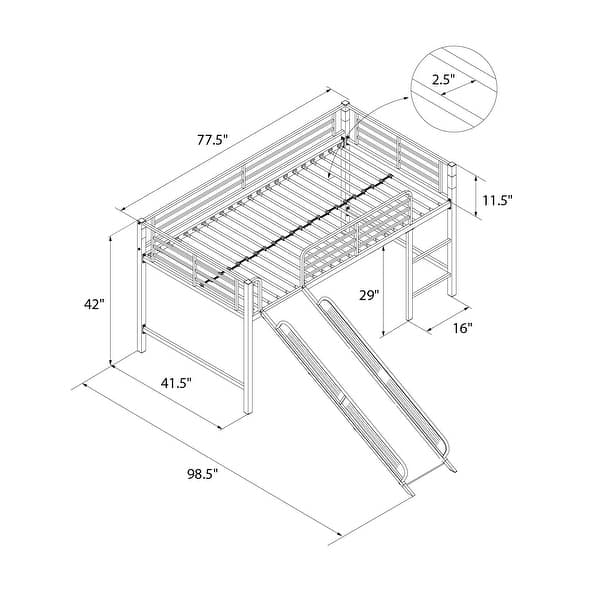 dimension image slide 1 of 4, Avenue Greene Junior Metal Twin Loft Bed with Slide