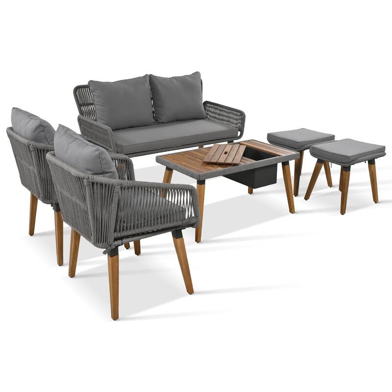 6 Pcs Patio Furniture Set, All-Weather Conversation Sets with Cushions Armchairs, Acacia Wood Bar Table and Ice Bucket