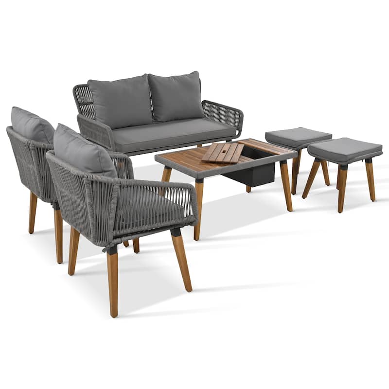 6-Piece Outdoor Patio Rope Conversation Sofa Set with Acacia Wood Cool Bar Table and 2 Stools