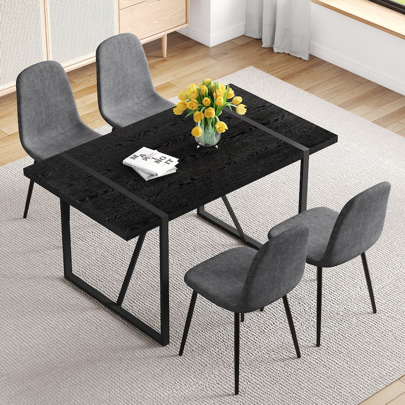 5-Piece Retro Rectangular Dining Table Set, 55-Inch Textured Top Table & 4 High-Resilience Fabric Chairs