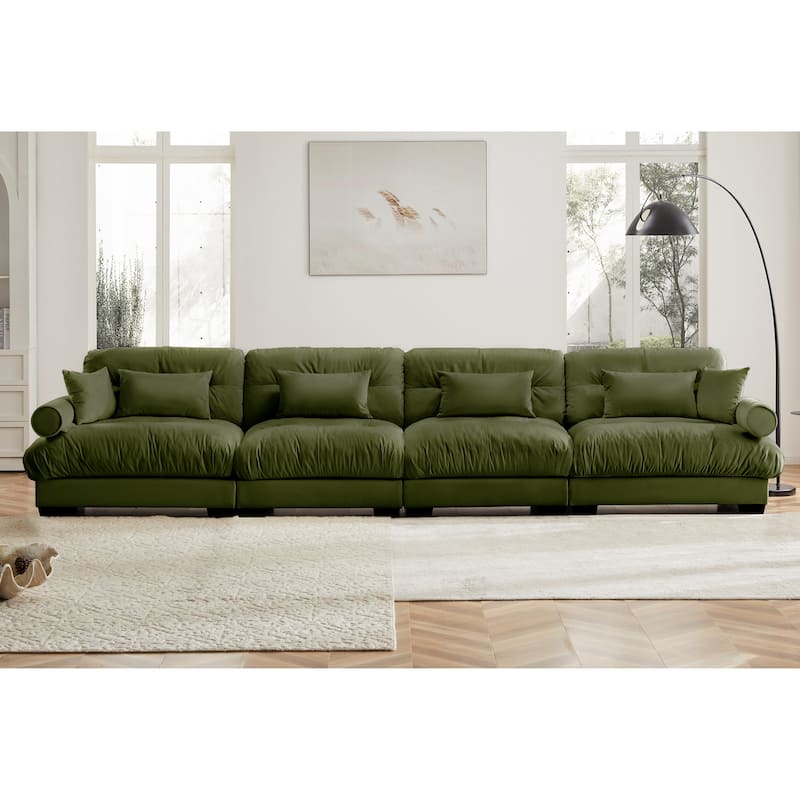 166" Velvet 4-Seater Sofa, Bolster Arms and High-Resilience Cushions - Olive Green