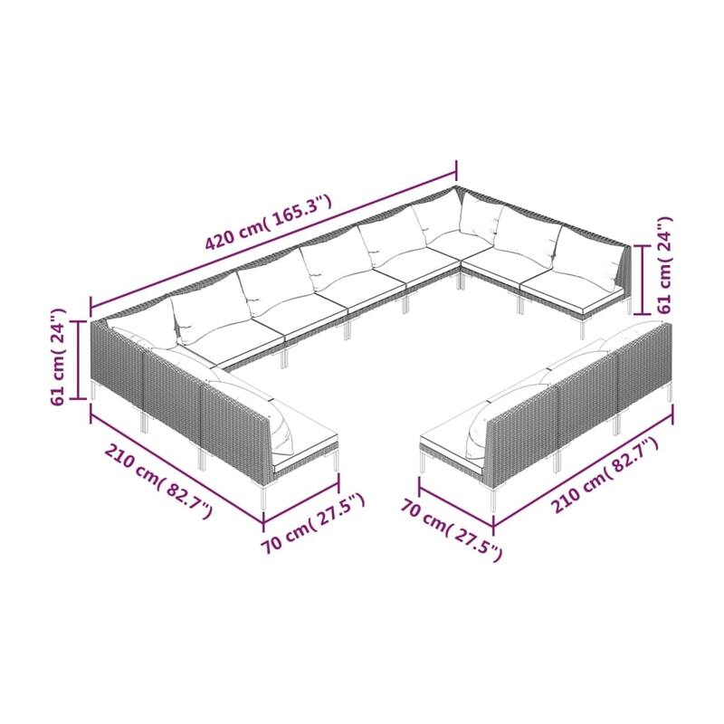 vidaXL Patio Lounge Set Outdoor Sectional Sofa Set Table Poly Rattan Dark Grey - 27.6" x 27.6" x 24"