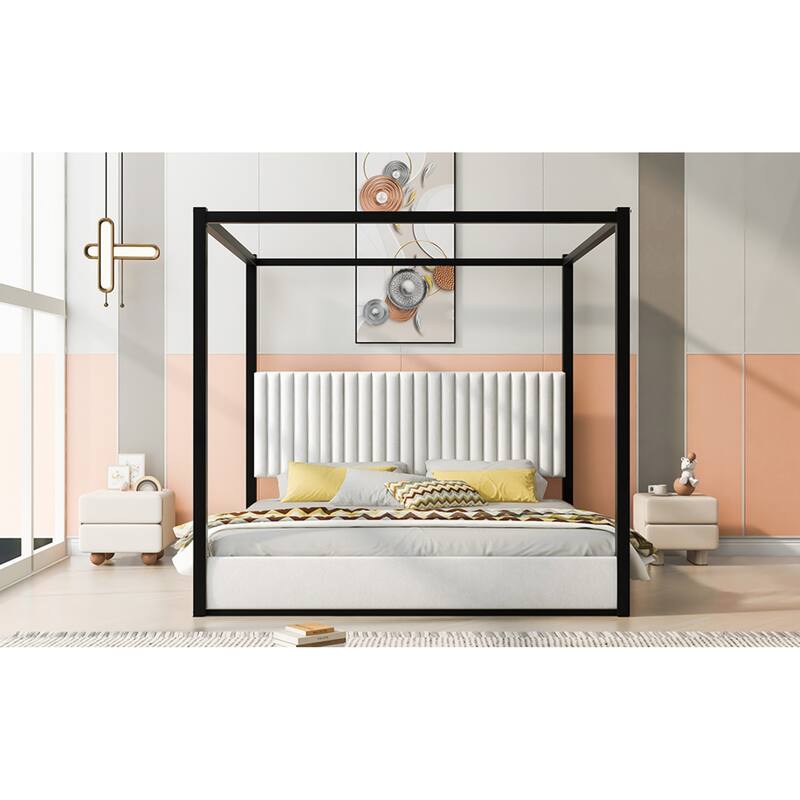 Roomfitters King Canopy Platform Bed with Velvet Upholstered Headboard, Metal Frame