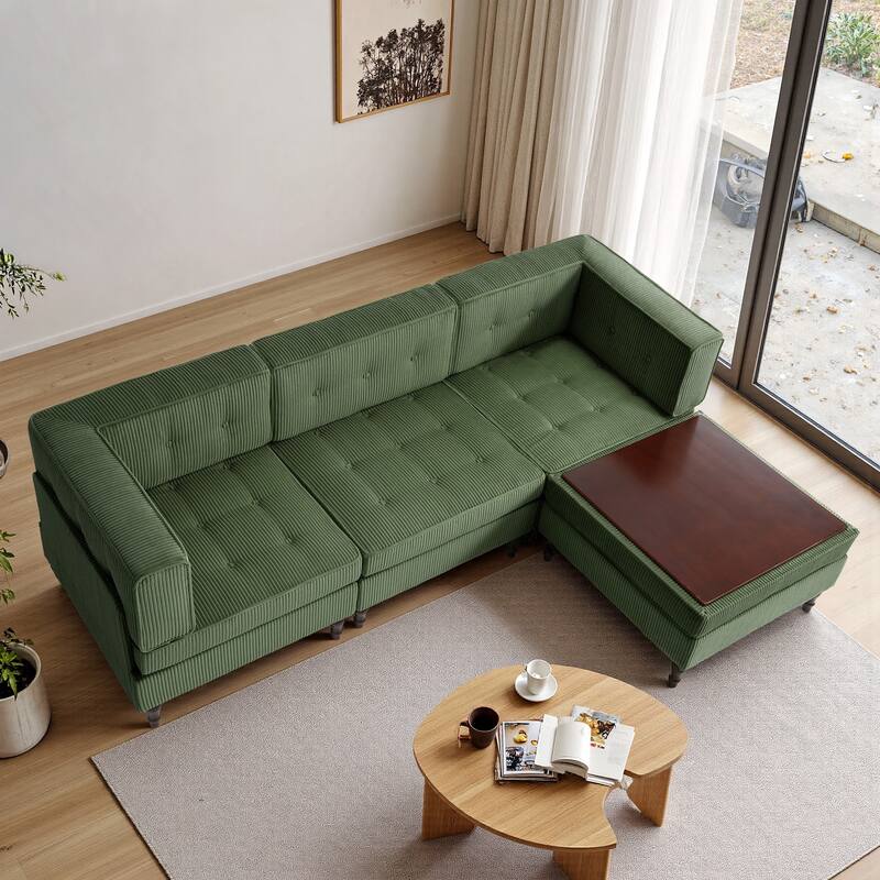 UIXE 4 - Piece Corduroy Sectional Sofa with Flip-Top Storage Ottoman Coffee Table