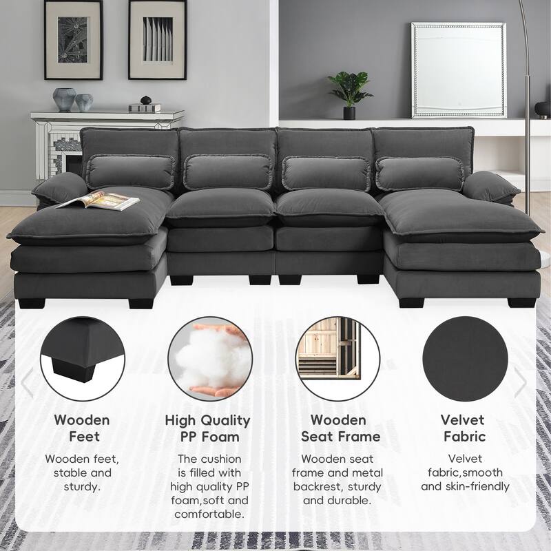 Modular U-shaped Sectional Sofa with 4 Waist Pillows, 6-Seat Upholstered Sofa with Chaise Lounge, Oversized Velvet Cloud Sofa