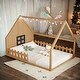 preview thumbnail 1 of 9, Natural Wood Playful Full Size House Bed Kids Bed with LED,Window and Fence Natural